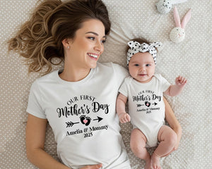Personalized Matching Our First Mothers Day Shirt, 1st Mother Day Tee and Baby Bodysuit, Custom Mothers Day Gift, Couple New Mom