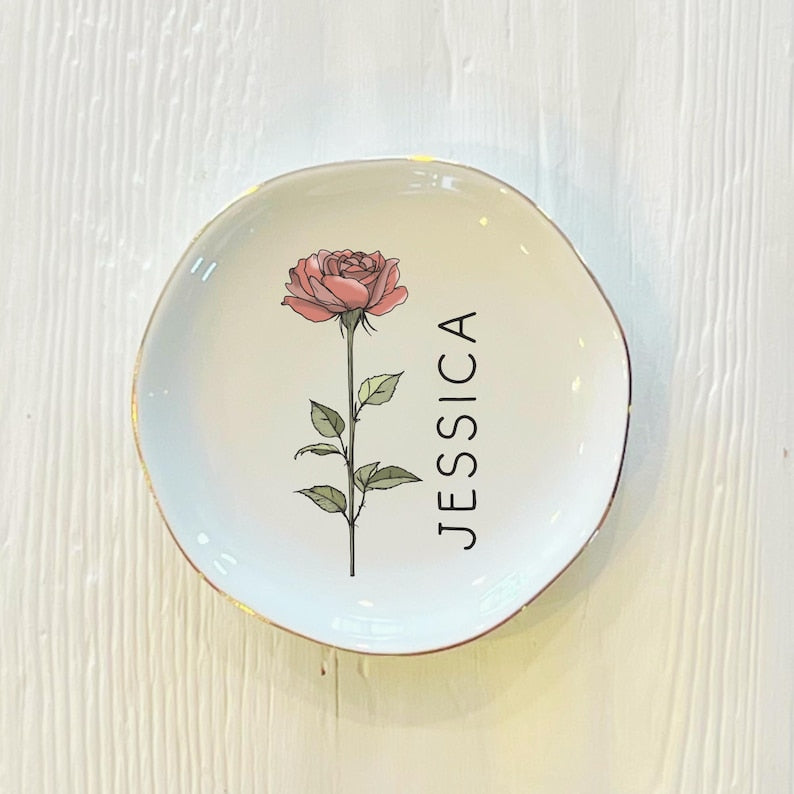 Personalized Boho Birth Flower Ring Trinket Dish | Birth Month Flower Ring Dish | Birthday Jewelry Dish | Wedding Bridesmaid Gift | Mom Gift