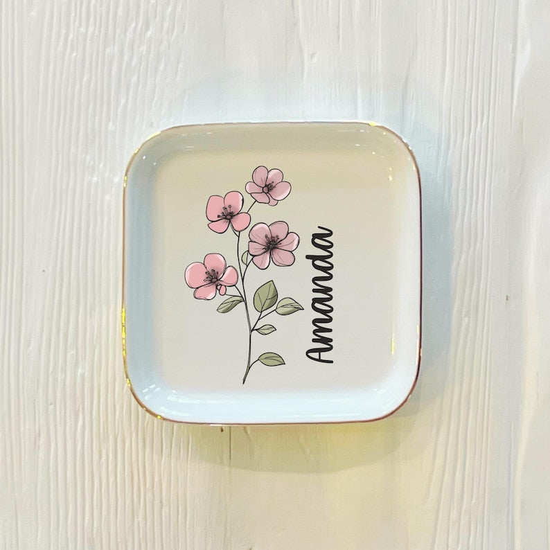 Personalized Boho Birth Flower Ring Trinket Dish | Birth Month Flower Ring Dish | Birthday Jewelry Dish | Wedding Bridesmaid Gift | Mom Gift