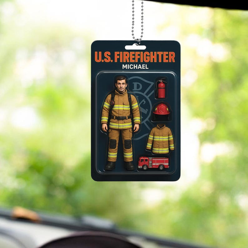 Custom Your Own Action Figure Car Ornament, Firefighter Hanging Idea, Father Day Ornament, Personal Toy Box Portrait, Funny Gift For Parent