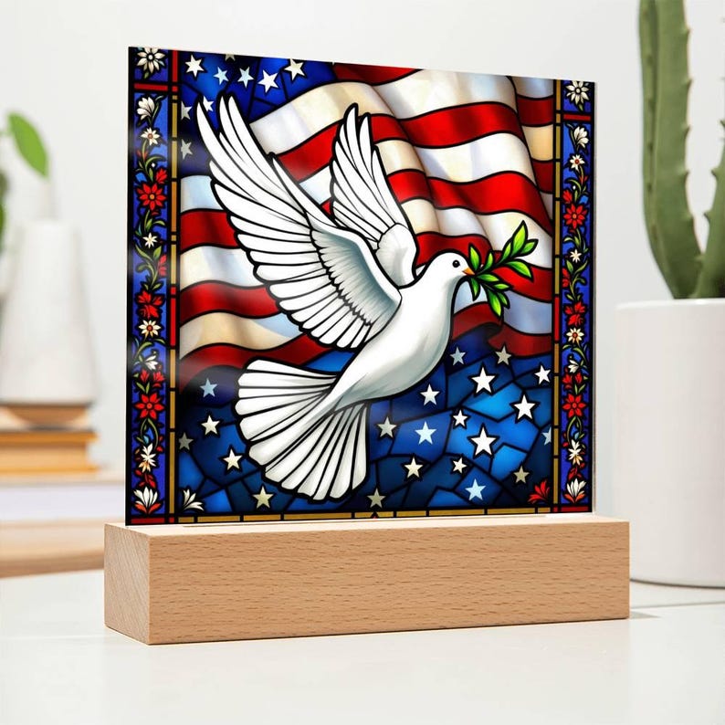 LED Lighted Plaque with Dove and USA Flag, Patriotic Memorial Sign, Veteran Tribute Gift, American Flag Decor, Remembrance Light Box