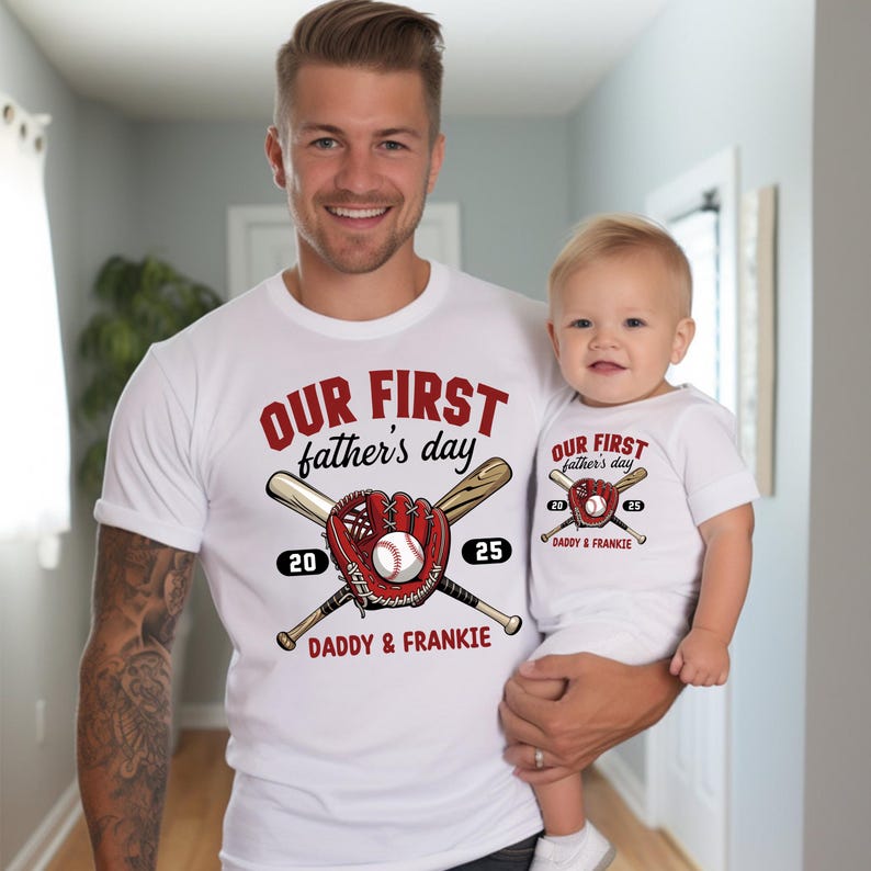 Personalized First Fathers Day Baseball Matching Baby Onesie, Custom Our First Fathers Day, Sports Baby Bodysuit, Matching Dad Baby Shirt