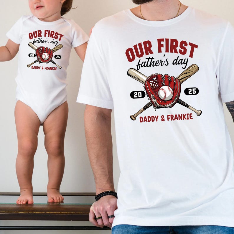 Personalized First Fathers Day Baseball Matching Baby Onesie, Custom Our First Fathers Day, Sports Baby Bodysuit, Matching Dad Baby Shirt