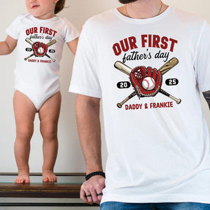 Personalized First Fathers Day Baseball Matching Baby Onesie, Custom Our First Fathers Day, Sports Baby Bodysuit, Matching Dad Baby Shirt