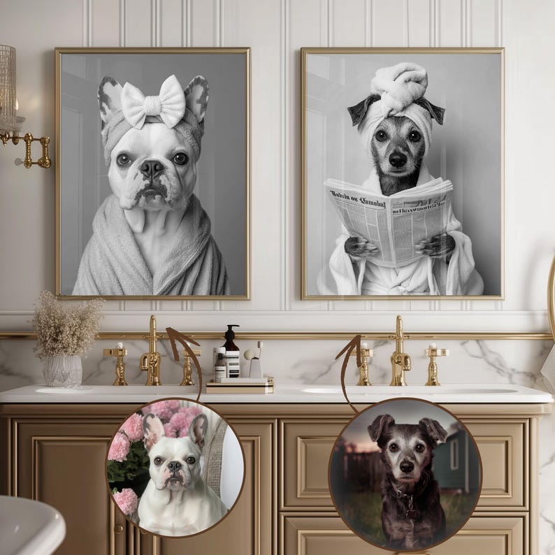 Custom Pet Portrait Photo Funny Bathroom Art Dog Reading Newspaper on Toilet Dog Wall Art Dog in Toilet Pet in Bathtub Personalized pet gift