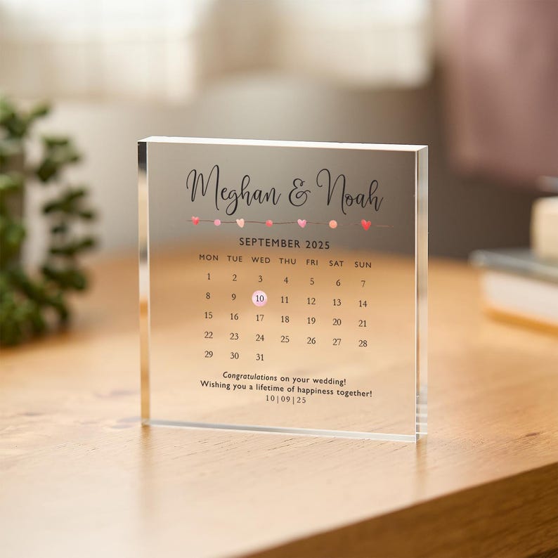 Personalised Wedding or Engagement Gift with Your Message Date Acrylic Plaque Calendar Gift Romantic Keepsake for Newlyweds or Anniversary