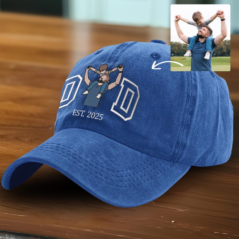 Custom Photo Embroidered Dad Hat, Embroidered Portrait Dad And Child Cap, Personalized Gift for Father s Day, Unique Photo Birthday Hat