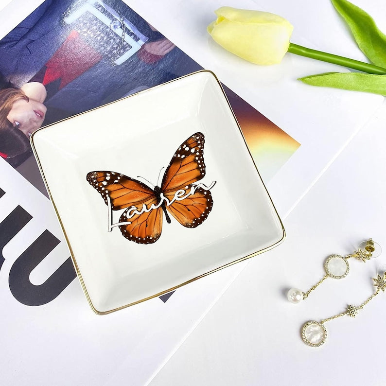Personalized Butterfly Trinket Dish Watercolor Butterfly Ring Dish Jewelry Storage For Mom Wedding Gift For Friend Custom Name