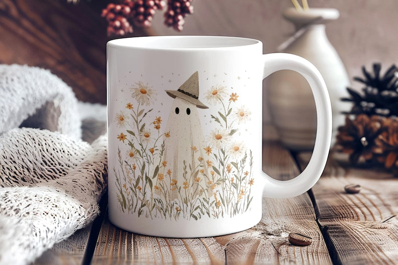 Cute Cottagecore Ghost Coffee Mug, Spooky Witchy Mugs for Ghost Lovers, Halloween Gift Cup, Fall Mugs, Wildflower Ghost Mug