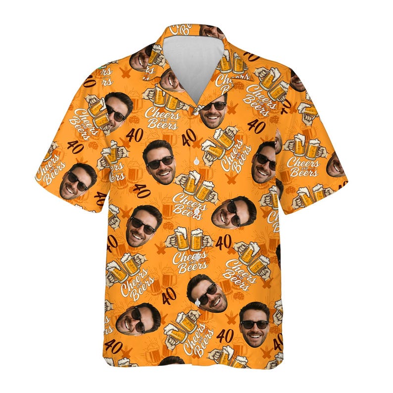 Custom Face Birthday Hawaiian Shirt, Personalized Cheers and Beers Shirt for Men Women, 40th Birthday Party Shirt with Photo, Gifts for Dad