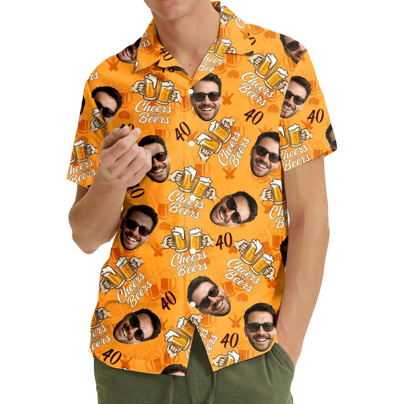 Custom Face Birthday Hawaiian Shirt, Personalized Cheers and Beers Shirt for Men Women, 40th Birthday Party Shirt with Photo, Gifts for Dad