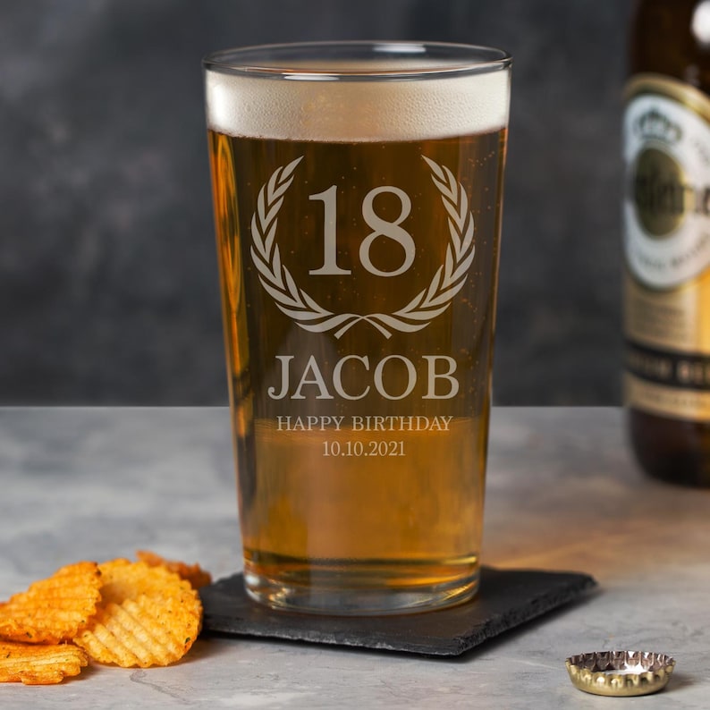 Personalised Birthday Crest Beer Pint Glass Gifts Ideas For 18th 21st 30th 40th Mens Dad Son Presents Laser Engraved