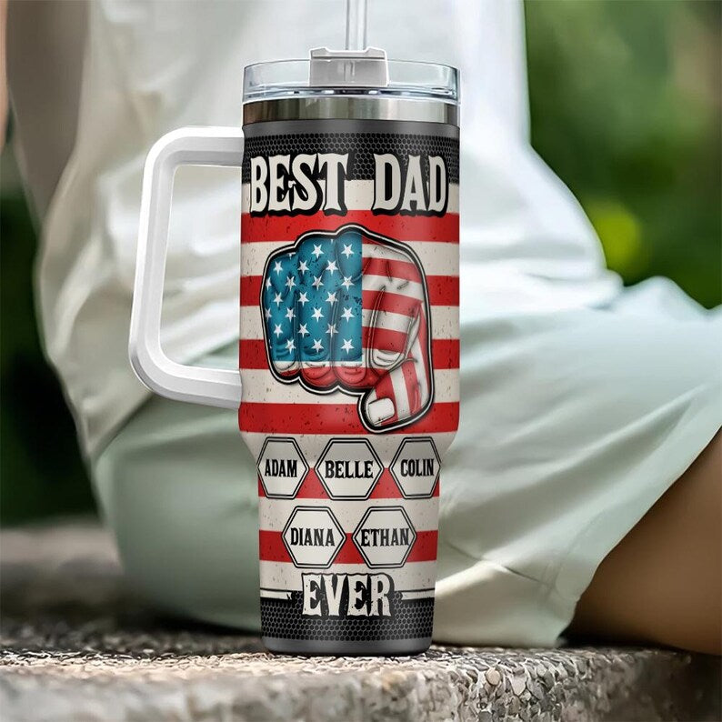 Personalized Strongest Dad Tumbler 40oz, Fourth Of July Tumbler, Custom Dad and Kids Name, Best Dad Ever Tumbler, Fathers Day Gift