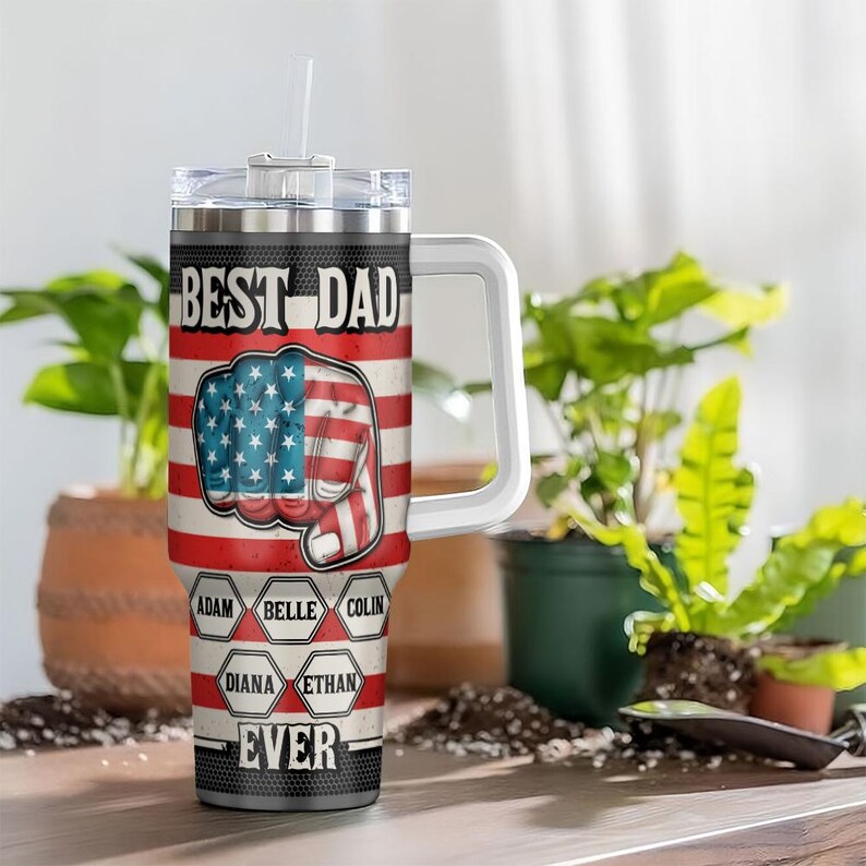 Personalized Strongest Dad Tumbler 40oz, Fourth Of July Tumbler, Custom Dad and Kids Name, Best Dad Ever Tumbler, Fathers Day Gift