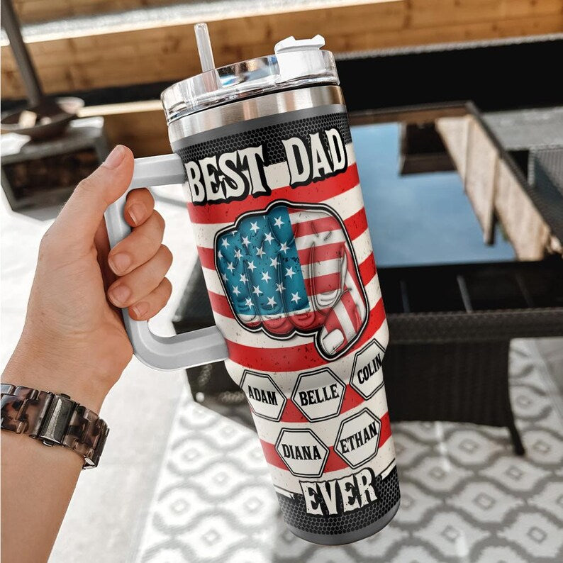 Personalized Strongest Dad Tumbler 40oz, Fourth Of July Tumbler, Custom Dad and Kids Name, Best Dad Ever Tumbler, Fathers Day Gift