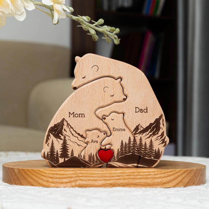 Hugging Bear Family New Version, Personalized Wooden Bear Family Puzzle, Mother's Day Gift Father's Day Gift, Animal Family Puzzle Decor