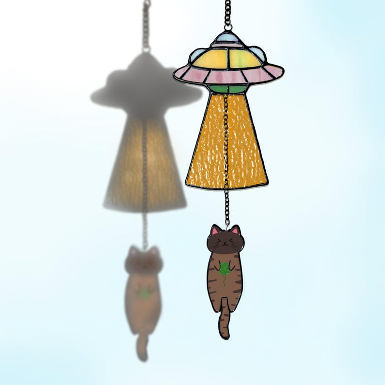 Stained Glass Cat UFO Suncatcher, Funny Abduction Cat Window Hanging Decor, Handmade Glass Alien Spaceship Gift, Cute Cat Lover Gift