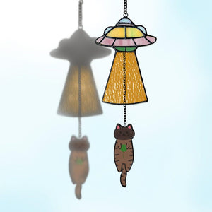 Stained Glass Cat UFO Suncatcher, Funny Abduction Cat Window Hanging Decor, Handmade Glass Alien Spaceship Gift, Cute Cat Lover Gift