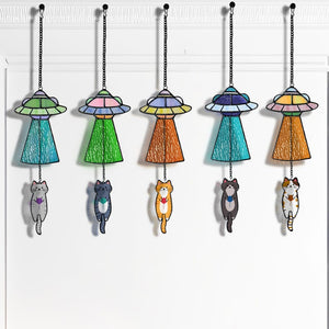 Stained Glass Cat UFO Suncatcher, Funny Abduction Cat Window Hanging Decor, Handmade Glass Alien Spaceship Gift, Cute Cat Lover Gift