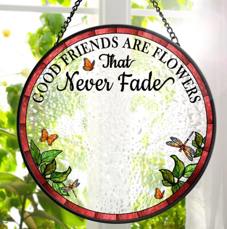Birth Flower Grow An Old Friend Personalized Custom Stained Glass Window Hanging Suncatcher, Bestie, BFF, Friendship Gift, Custom Gifts 2025