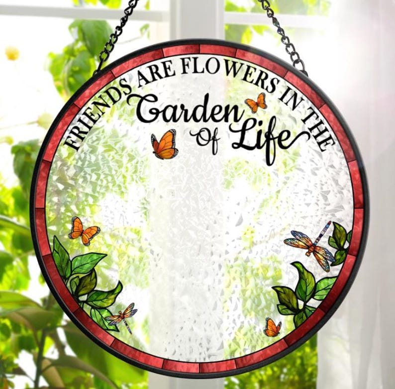 Birth Flower Grow An Old Friend Personalized Custom Stained Glass Window Hanging Suncatcher, Bestie, BFF, Friendship Gift, Custom Gifts 2025