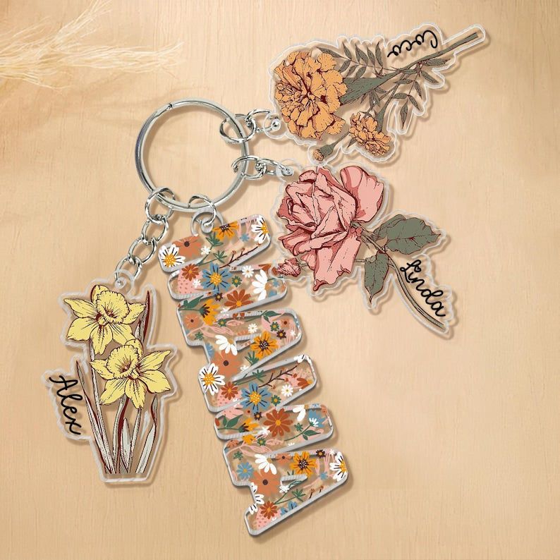 Personalized Mother's Day Gift For Mom, Custom Grandma Keychain With Birth Month Flowers Charm, Mama Keychain Gift From Kids, Grandma Gifts