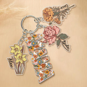 Personalized Mother's Day Gift For Mom, Custom Grandma Keychain With Birth Month Flowers Charm, Mama Keychain Gift From Kids, Grandma Gifts