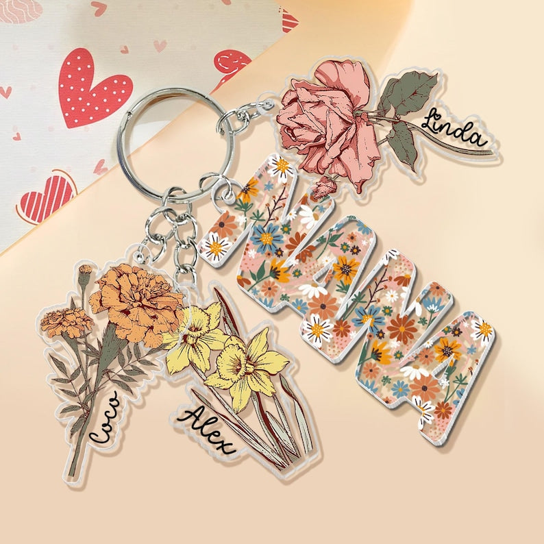 Personalized Mother's Day Gift For Mom, Custom Grandma Keychain With Birth Month Flowers Charm, Mama Keychain Gift From Kids, Grandma Gifts