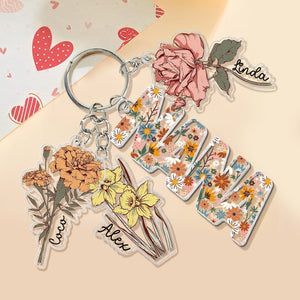 Personalized Mother's Day Gift For Mom, Custom Grandma Keychain With Birth Month Flowers Charm, Mama Keychain Gift From Kids, Grandma Gifts