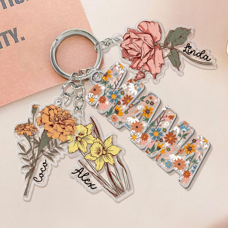Personalized Mother's Day Gift For Mom, Custom Grandma Keychain With Birth Month Flowers Charm, Mama Keychain Gift From Kids, Grandma Gifts
