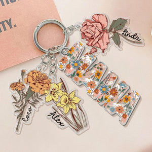 Personalized Mother's Day Gift For Mom, Custom Grandma Keychain With Birth Month Flowers Charm, Mama Keychain Gift From Kids, Grandma Gifts