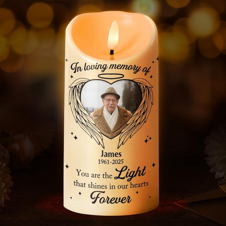 Shines In Our Hearts Forever - Candle Light Custom Memorial Photo Candle, Personalized Upload Photo Remembrance Candle LED Light
