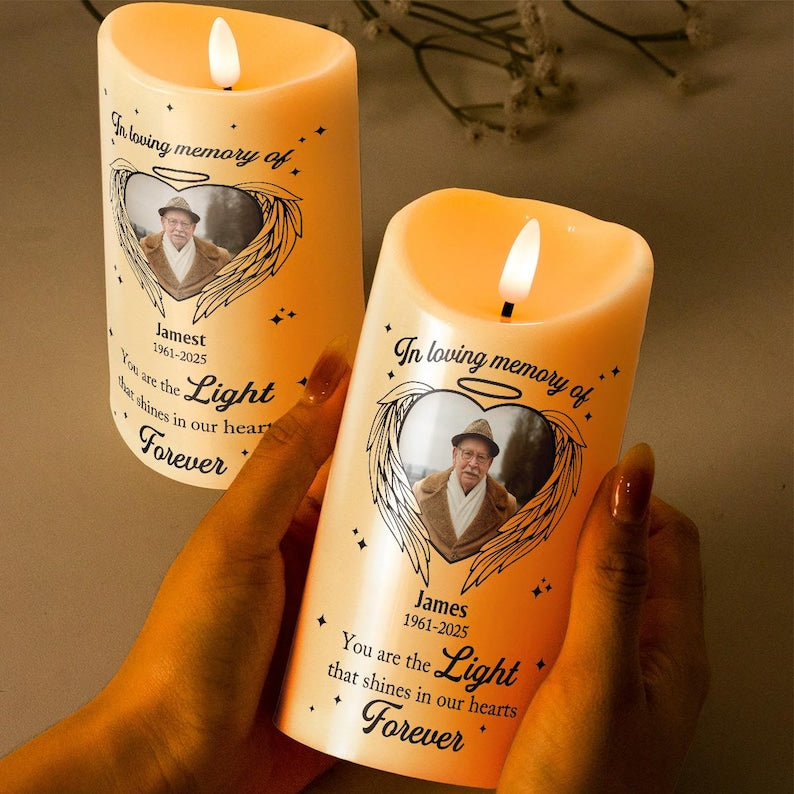 Shines In Our Hearts Forever - Candle Light Custom Memorial Photo Candle, Personalized Upload Photo Remembrance Candle LED Light