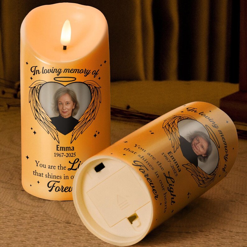 Shines In Our Hearts Forever - Candle Light Custom Memorial Photo Candle, Personalized Upload Photo Remembrance Candle LED Light