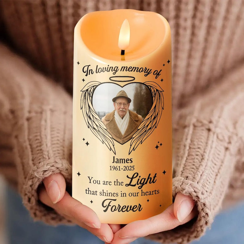 Shines In Our Hearts Forever - Candle Light Custom Memorial Photo Candle, Personalized Upload Photo Remembrance Candle LED Light