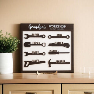 Modern Dad & Grandpa Workshop Sign, Personalized Wooden Garage Decor, Father's Day Gift