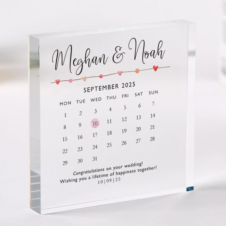 Personalised Wedding or Engagement Gift with Your Message Date Acrylic Plaque Calendar Gift Romantic Keepsake for Newlyweds or Anniversary