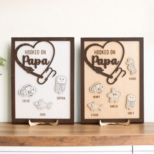 Hooked on Dad Sign, Personalized Wooden Fishing Decor, Father's Day Gift from Kids