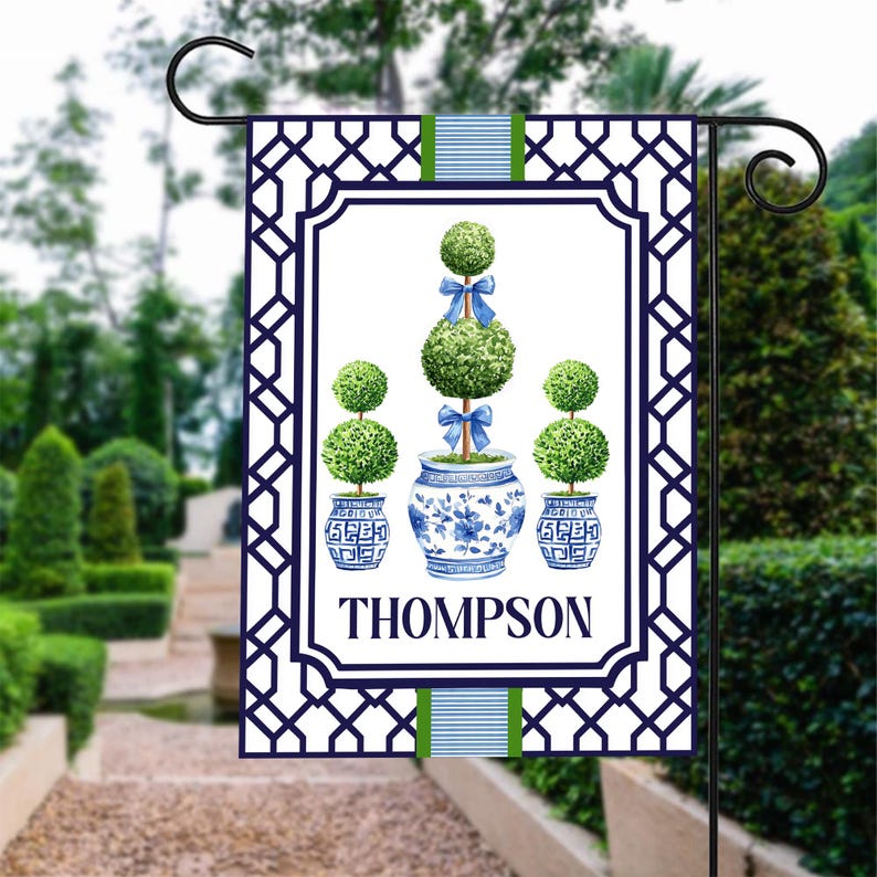Personalized Chinoiserie Topiary Flag, Custom Family Name Flag, Preppy Blue and White Flag, Grandmillennial Flag, Traditional Classic Flag