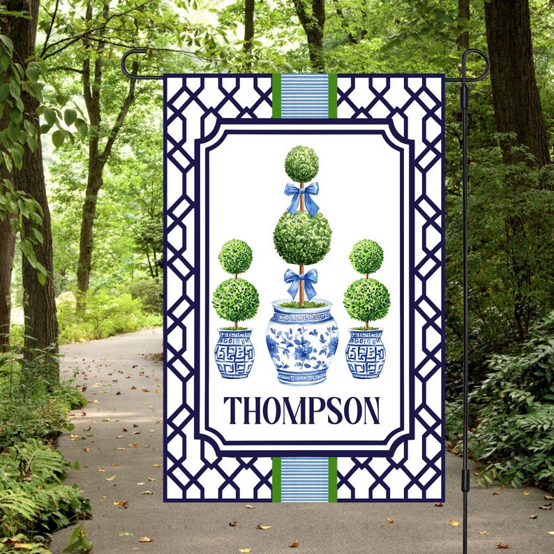 Personalized Chinoiserie Topiary Flag, Custom Family Name Flag, Preppy Blue and White Flag, Grandmillennial Flag, Traditional Classic Flag