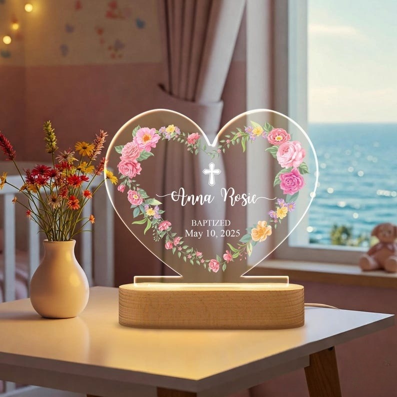 Personalized Baptism Gift Night Light - Floral Heart LED Lamp for Baby Girl, Custom Baptism Gift for Kids, Baby Girl Nursery Decor