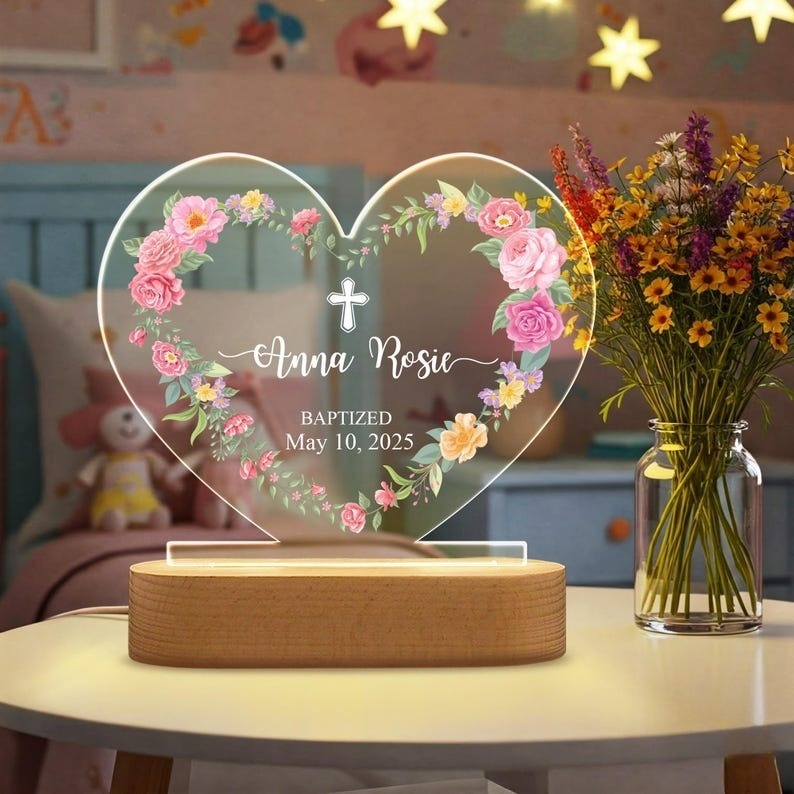 Personalized Baptism Gift Night Light - Floral Heart LED Lamp for Baby Girl, Custom Baptism Gift for Kids, Baby Girl Nursery Decor