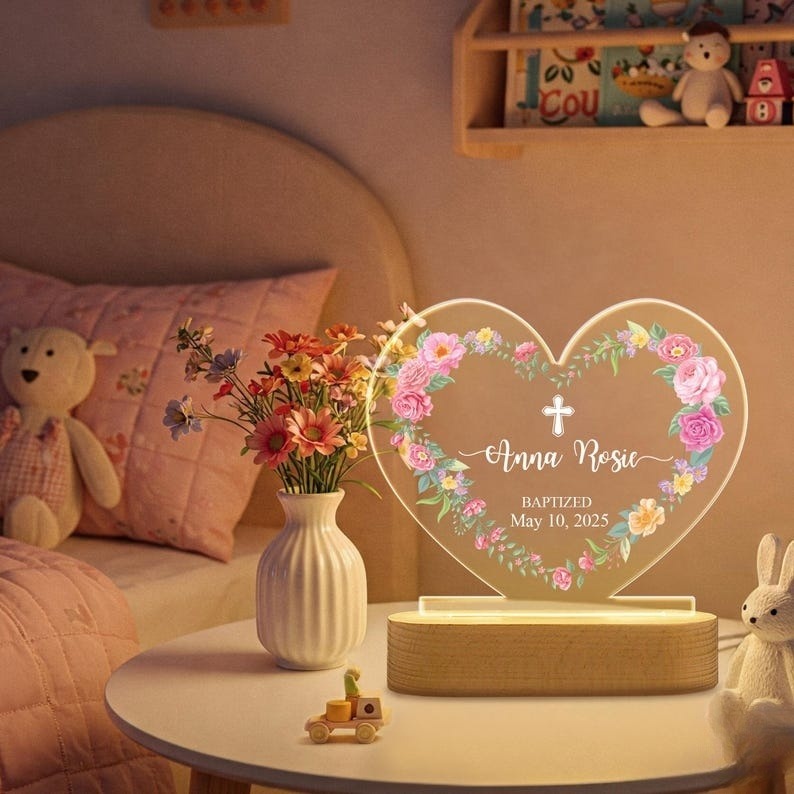 Personalized Baptism Gift Night Light - Floral Heart LED Lamp for Baby Girl, Custom Baptism Gift for Kids, Baby Girl Nursery Decor