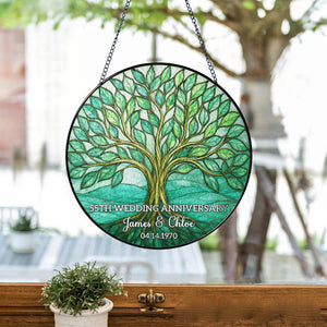 Personalized 55th Wedding Anniversary Gift, 55th Emerald Anniversary Glass Suncatcher, Tree of Life Window Hanging, 55th Anniversary Gift