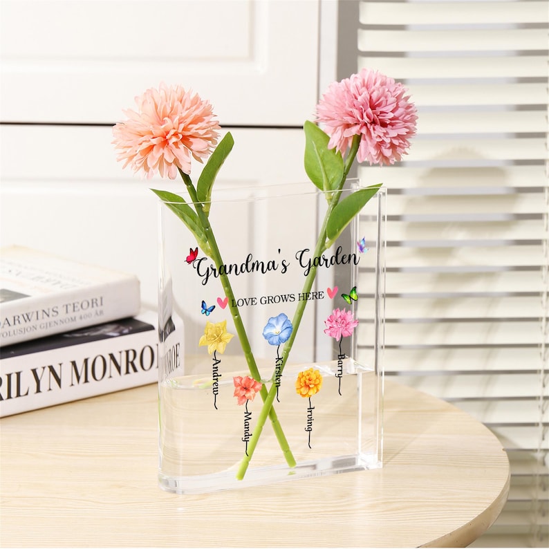 Book Shaped Acrylic Vase for Flowers, Personalized Birth Flower Vase for Mom Grandma, Custom Kids Name Clear Vase, Mothers Day Gift