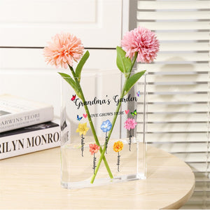 Book Shaped Acrylic Vase for Flowers, Personalized Birth Flower Vase for Mom Grandma, Custom Kids Name Clear Vase, Mothers Day Gift