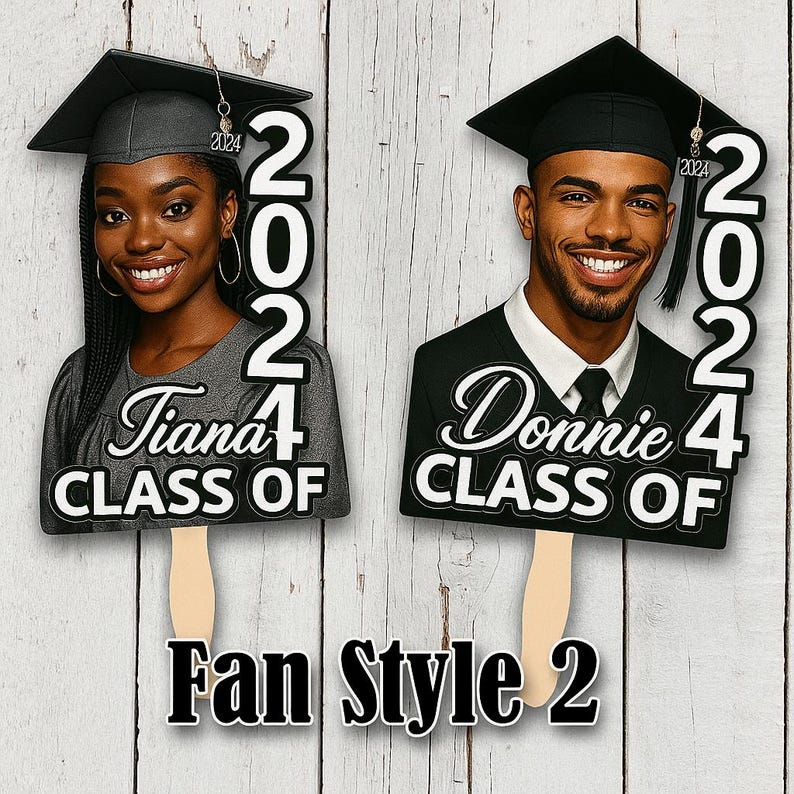 Personalized Graduation Face Fans Class of 2025 | Custom Head Cutouts with Wooden Handles | Grad Party Big Head Props Face on a Stick Fans