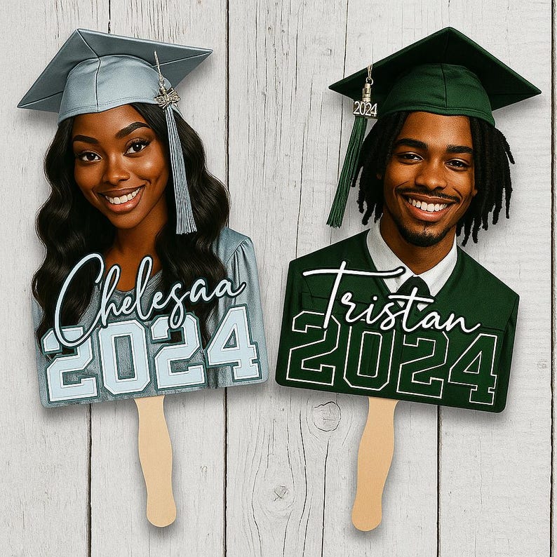 Personalized Graduation Face Fans Class of 2025 | Custom Head Cutouts with Wooden Handles | Grad Party Big Head Props Face on a Stick Fans