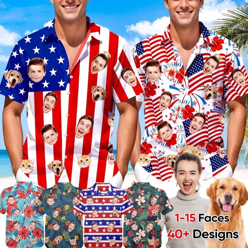 Custom American Flag Hawaiian Shirt with Faces,Custom Independence Day Shirts Men,Personalized Summer Party Shirt,Custom 4th of July gifts