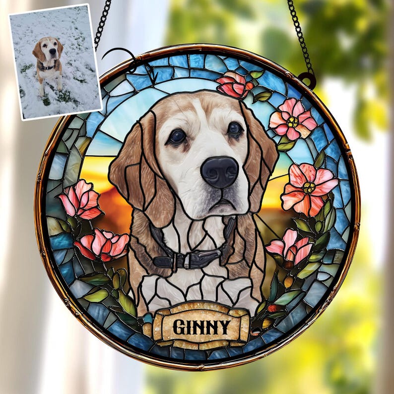 Custom Pet Portrait Stained Glass Suncatcher, Stained Glass Dog Memorial, Custom Dog Portrait from Photo, Pet Memorial Gift, Window hangings